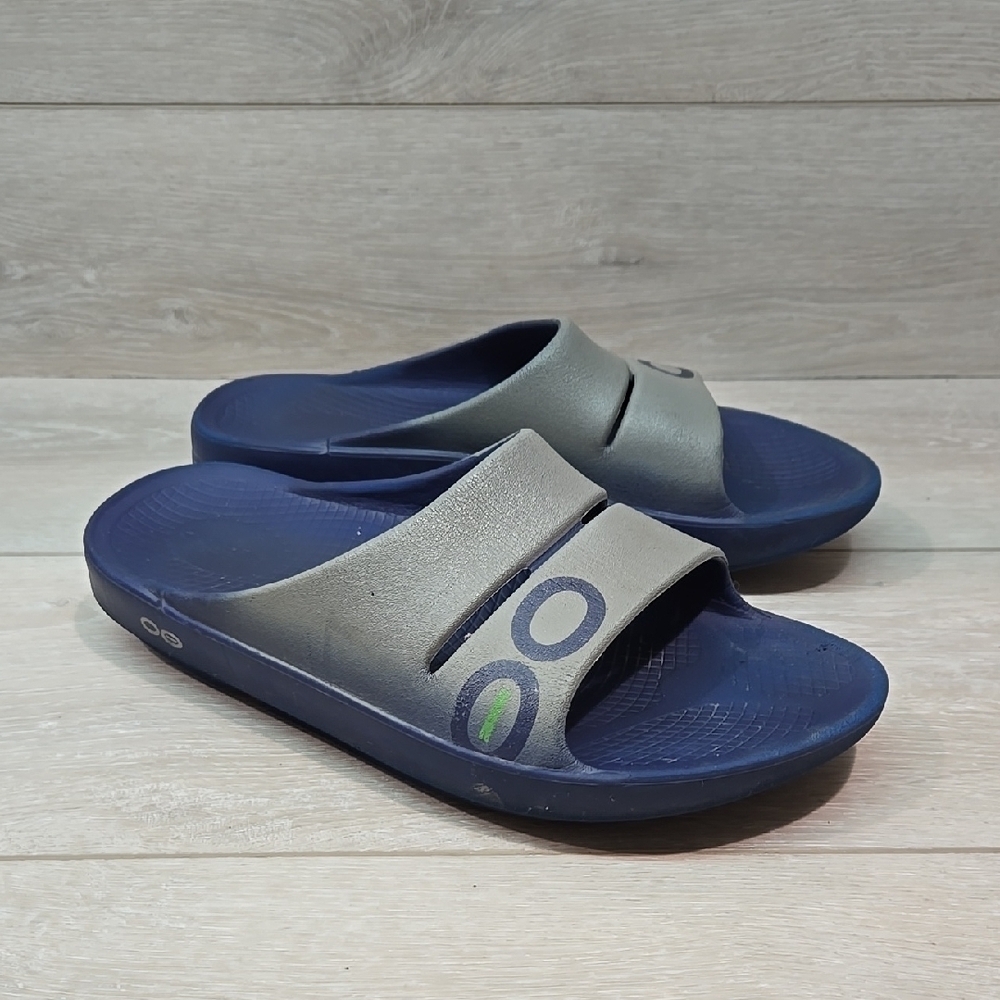 Oofoos Women Blue & Gray Slide Sandals Shoes Sz 10